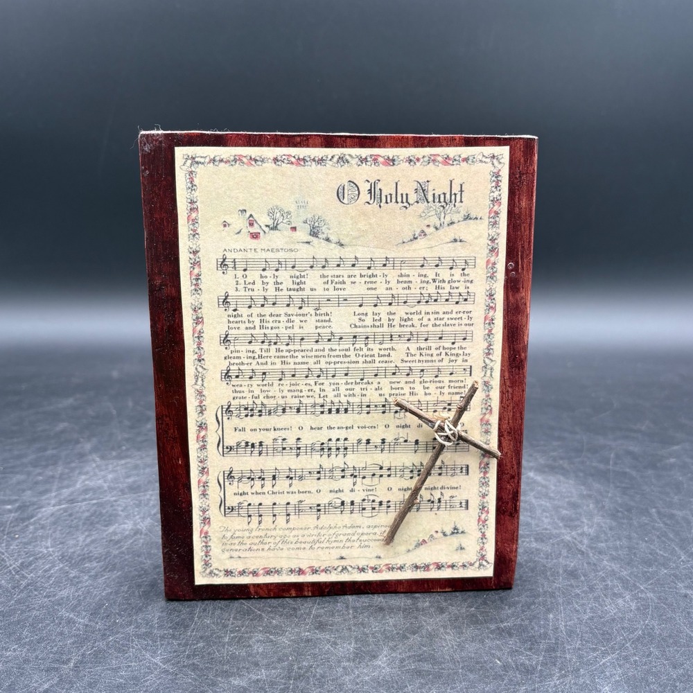 O Holy Night Christmas Hymn Wood Block Plaque Rustic Twig Cross Decor 7in